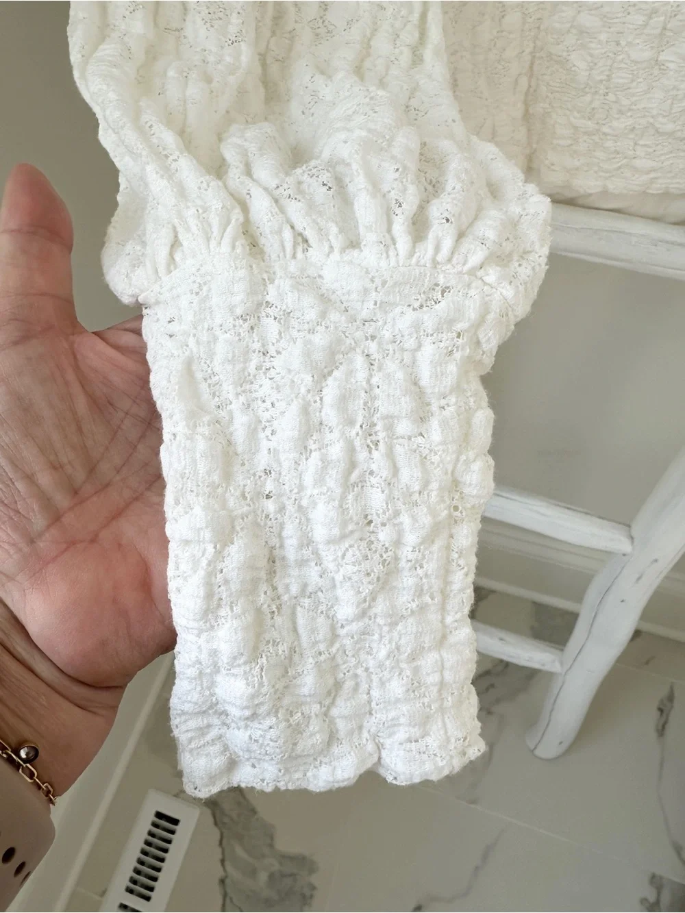 Free People Jasmine Tea Time Cream Textured Puff-Sleeve Knit Top Keyhole Back